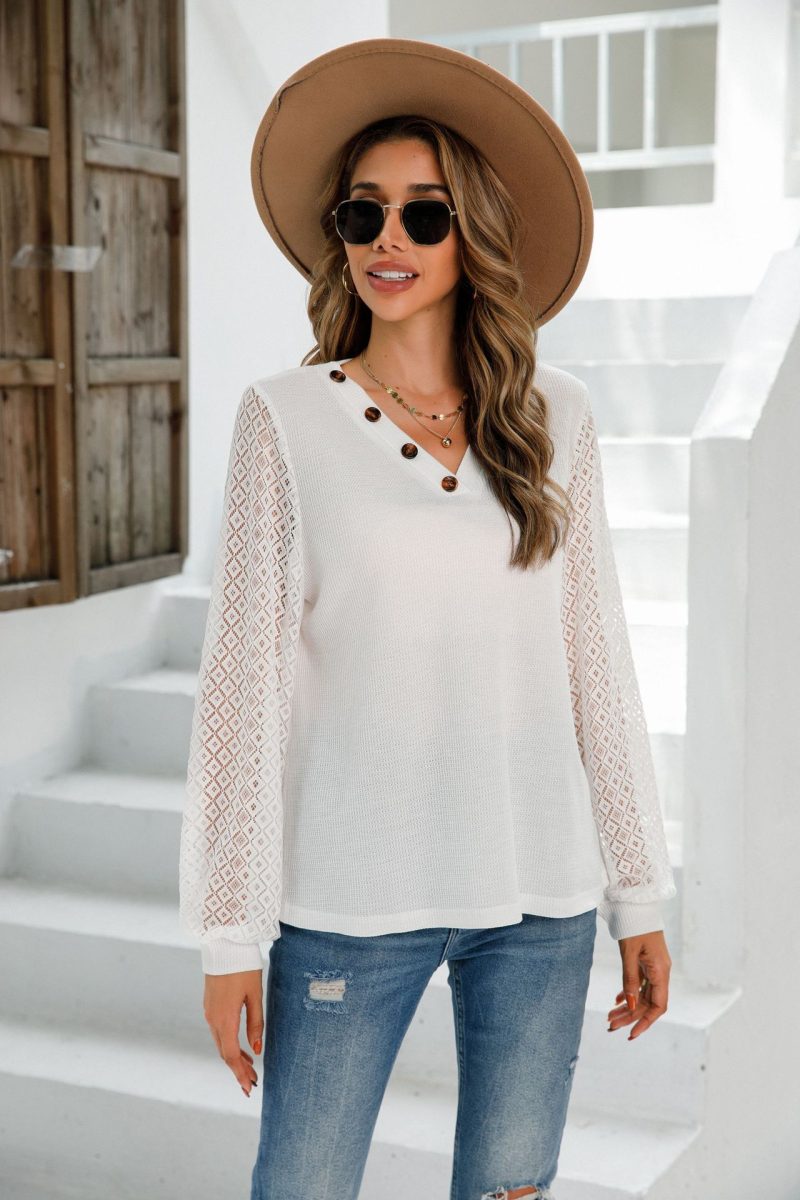 Lace Trim V-Neck Button Tee: Autumn-Winter Style - Image 4