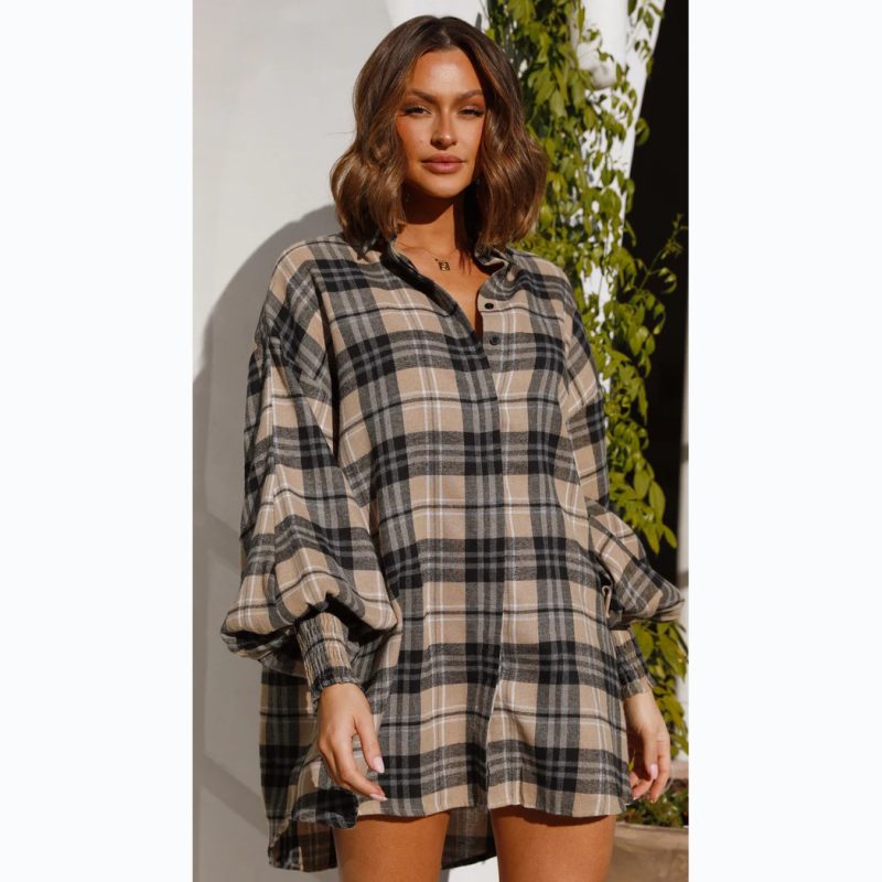Plaid Lantern Sleeve Shirt - Casual Autumn/Winter - Image 2