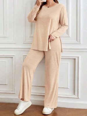 Chic Plus Size Casual Two-Piece Set with Split Long Sleeve T-Shirt and Wide Leg Pants