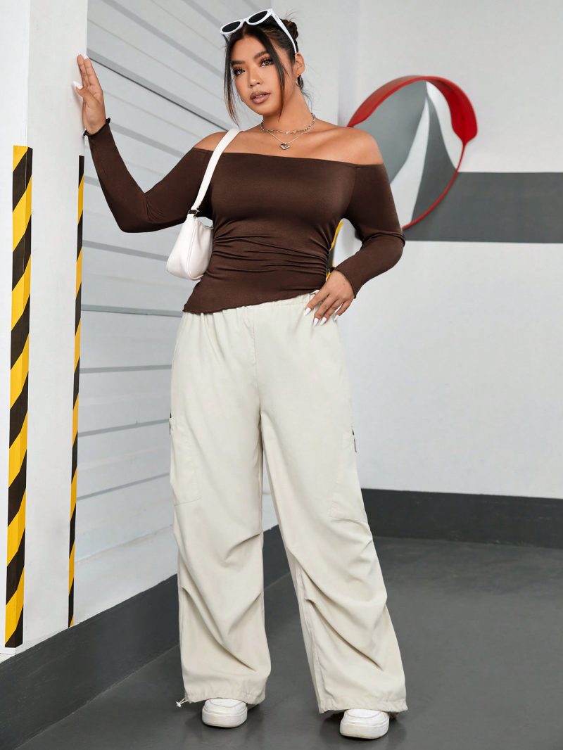 Plus Size Brown Off-Shoulder T-Shirt - Image 4