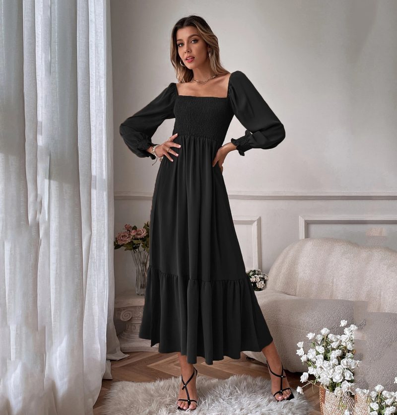 Winter Square Collar Ruffled Office Dress - Tight Fit - Image 2