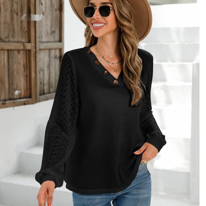 Lace Trim V-Neck Button Tee: Autumn-Winter Style - Image 2