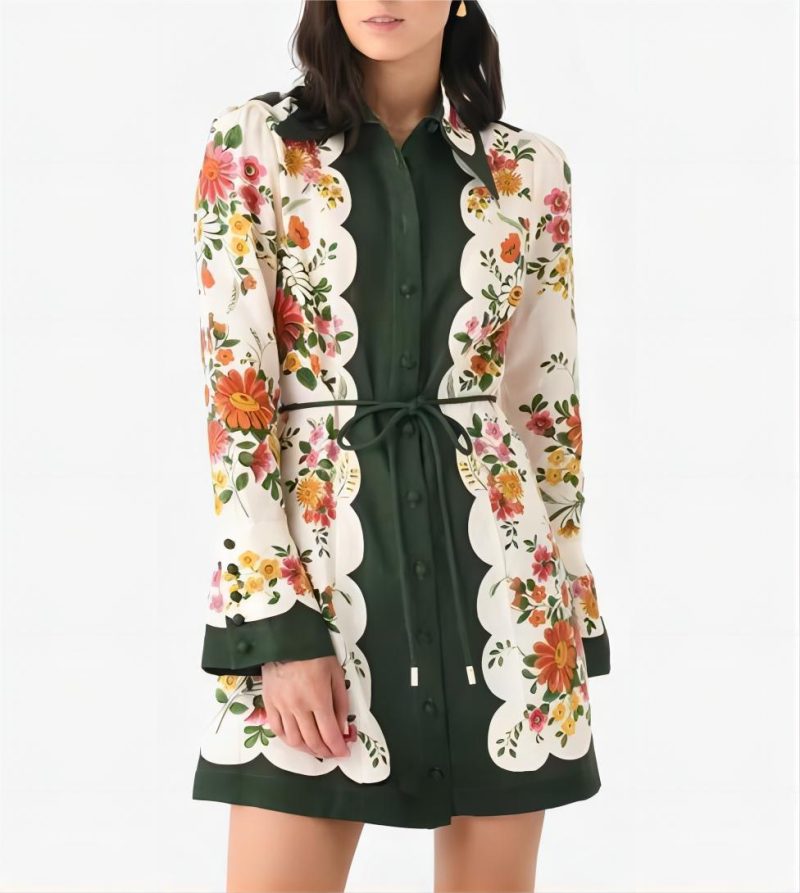 Linen Plant Print Lace-Up Dress - Spring Summer