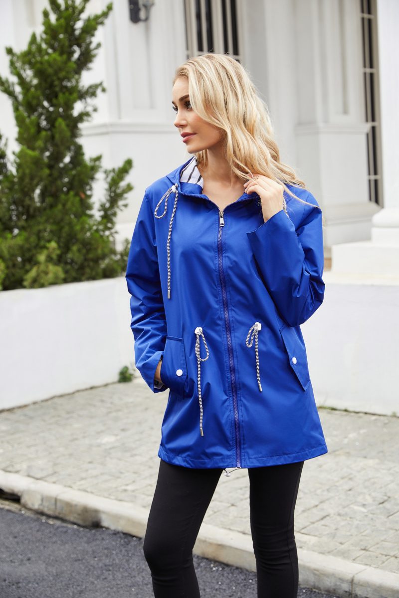 Hooded Striped Long-Sleeved Mid-Length Trench Raincoat - Image 2