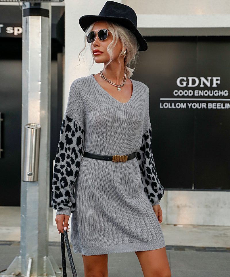 Color Blocking Leopard Print Woolen Dresses - Image 2