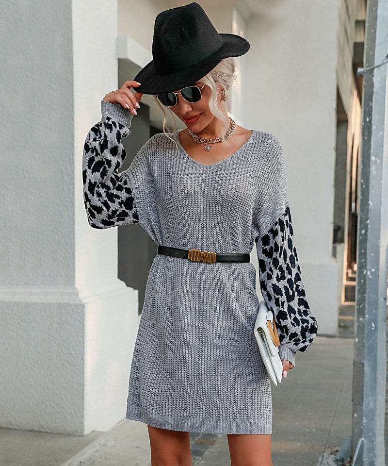 Color Blocking Leopard Print Woolen Dresses - Image 4