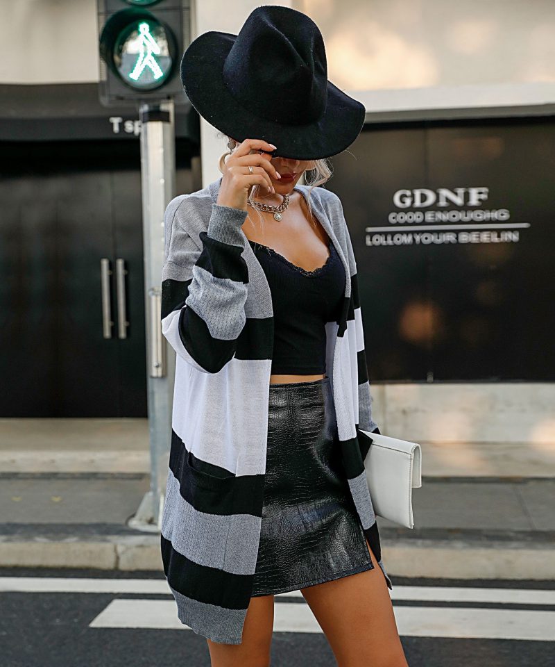 Autumn Women's Long Sleeve Striped Coat Sweater - Image 6