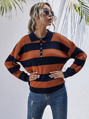 Striped Collared Knitwear – Autumn Loose Top