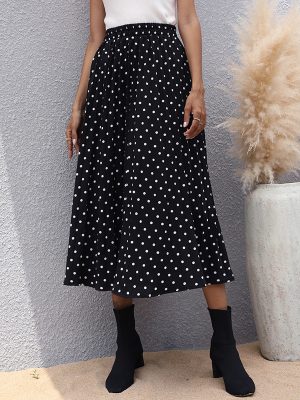 Chic Black Mid-length Pleated Polka Dot Skirt for Women