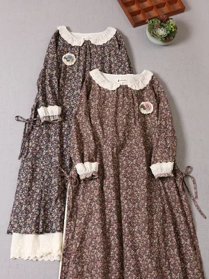 Japanese Literary Cotton Long Sleeve Midi Dress