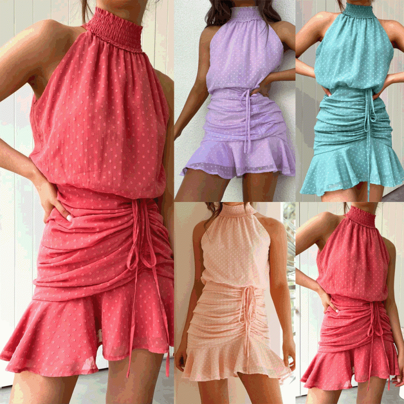 Drawstring Halter Chiffon Dress - Fresh/Sweet - Image 5