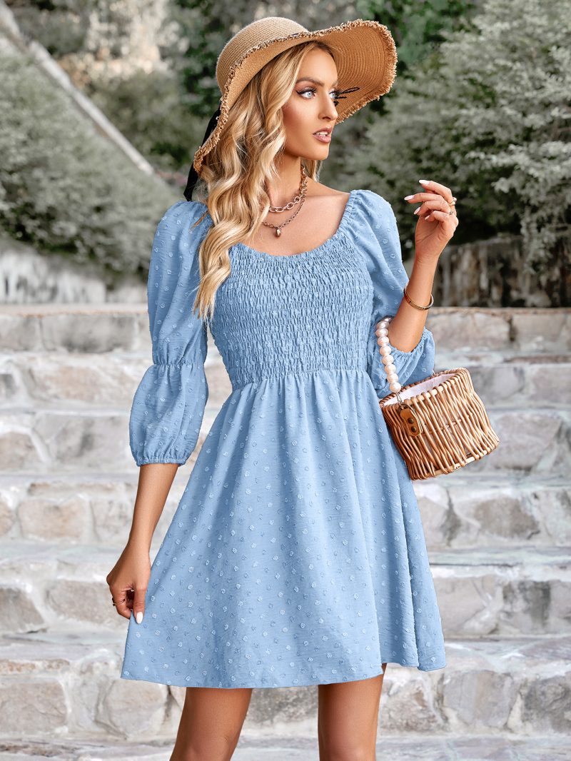 Textured V-Neck Solid Color Dress with Waist Tie and Small Fur Ball - Image 2