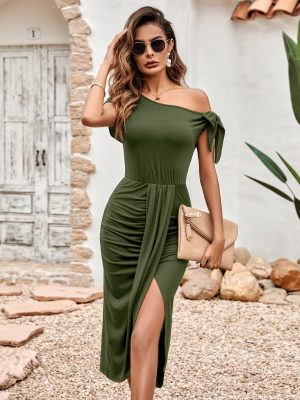 Knitted Diagonal Collar Slit Dress – Casual Chic