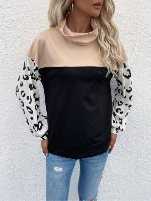 Leopard Print Color Matching Turtleneck Sweater for Autumn/Winter