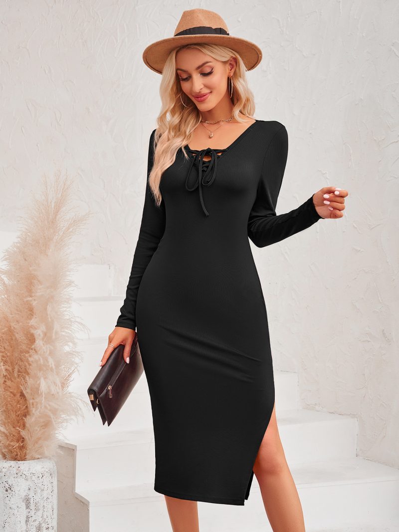Collar Lace-Up Knitted Dress - Winter Chic - Image 2