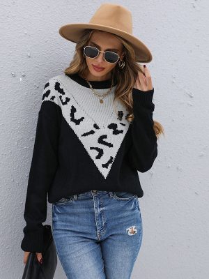 Leopard Print Contrast Color Long Sleeve Sweater