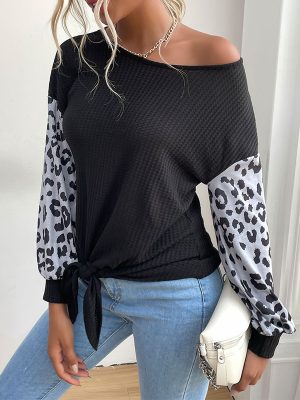 Women Wear Round Neck Long Sleeve Stitching Leopard Print Black Sweater