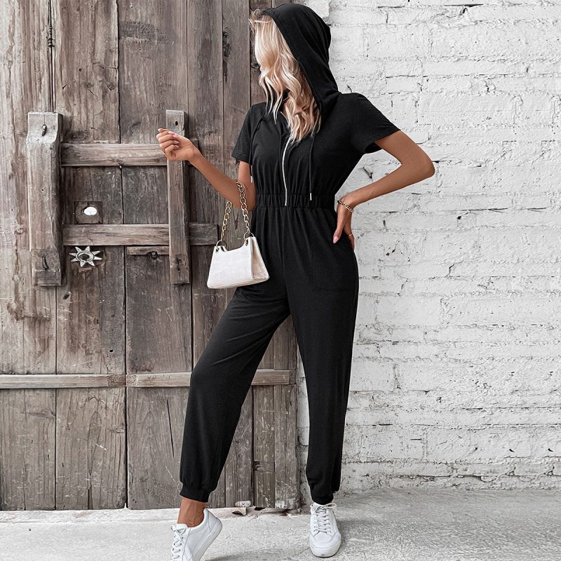 Hooded Solid Color Summer Jumpsuit - Image 2