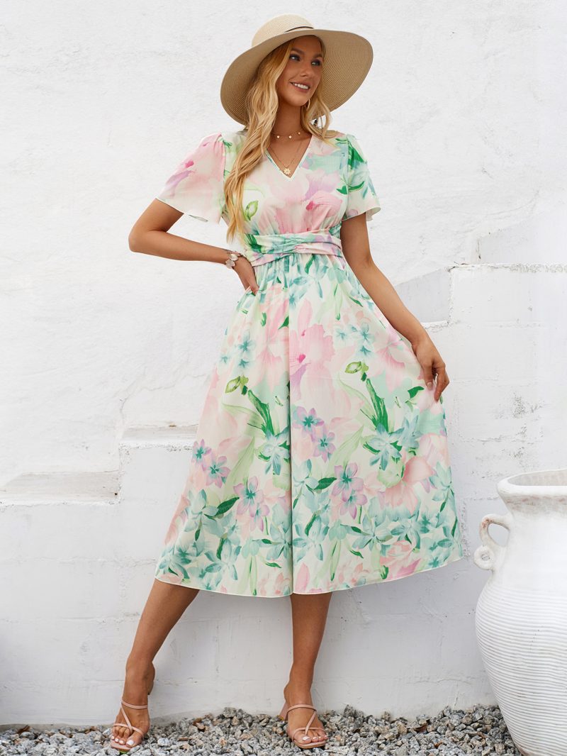 Summer Short Sleeve V-neck Dress – Casual Printed Style - Image 2