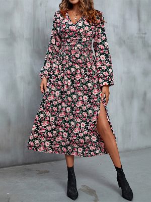 Autumn Women’s Floral Print Slit Dress