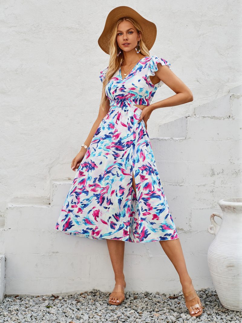 Printed V-neck Hollow Dress – Casual Summer Style - Image 2