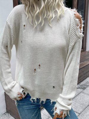 White High Collar Cutout Long Sleeve Sweater for Autumn/Winter Women’s Wear