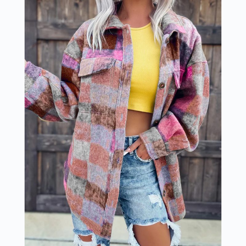 Woolen Printed Polo Collar Coat - Autumn/Winter - Image 2
