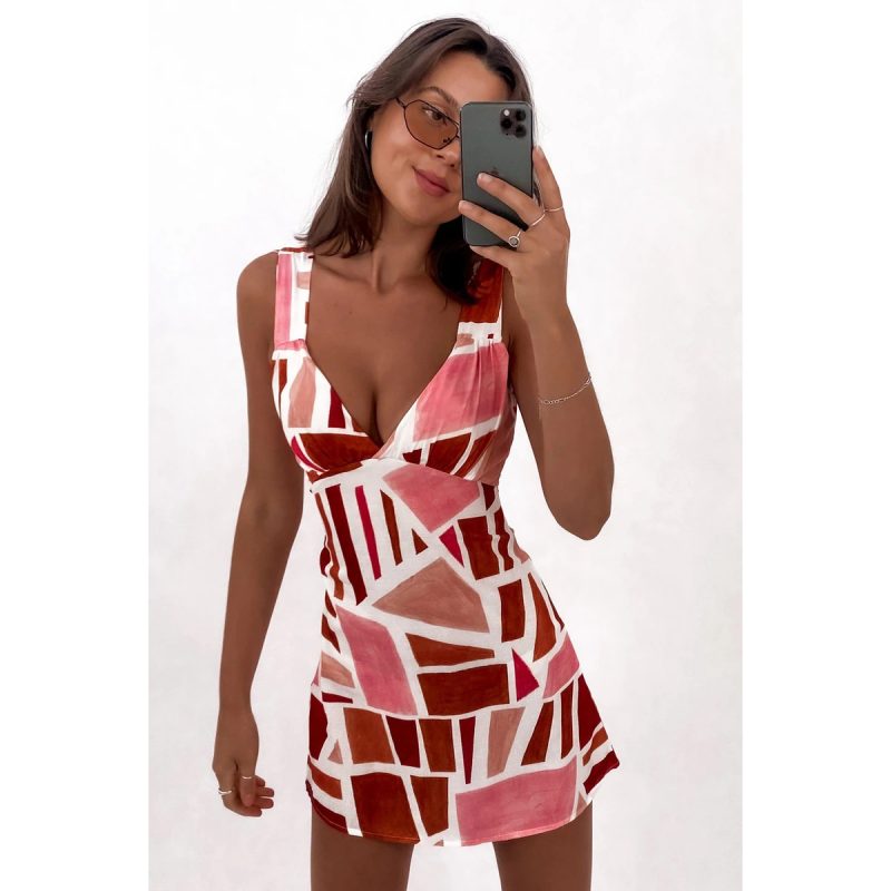 Square Printed V-neck Sexy Short Dress - Spring/Summer - Image 3
