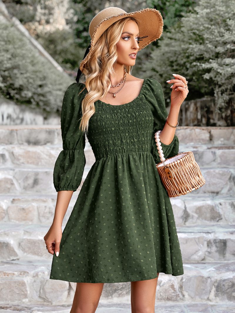 Textured V-Neck Solid Color Dress with Waist Tie and Small Fur Ball - Image 3