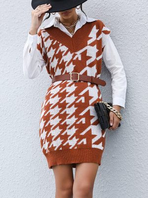 Casual Long Sleeve Houndstooth Sweater