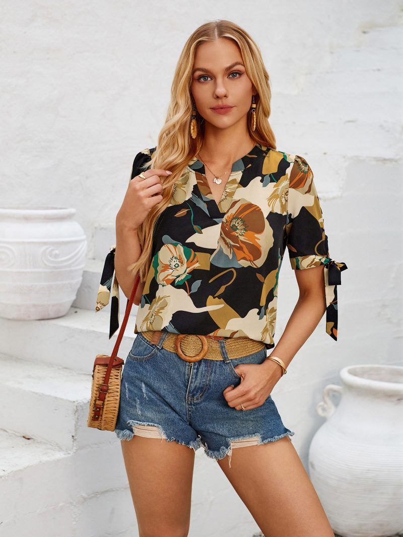 Printed V Neck Cuff Bundle Top - Image 4