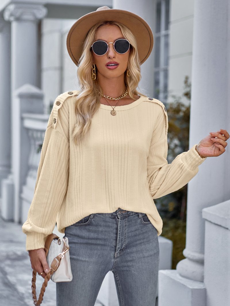 Chic Round Neck Long Sleeve Top with Fastener Detail - Image 3
