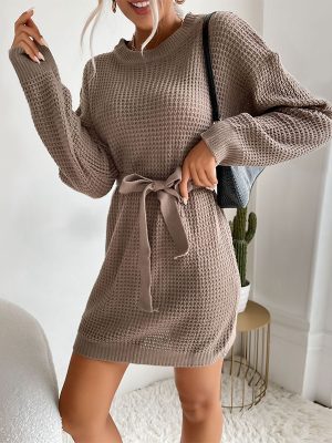 Lace-Up Solid Color Long Sleeve Sweater Dress