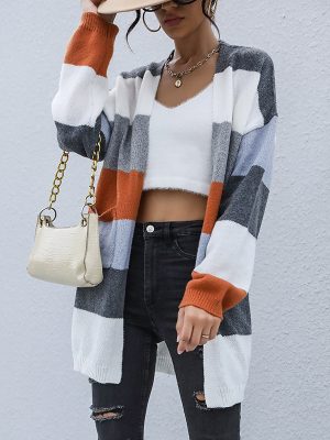 Color Matching Long Sleeve Sweater Cardigan for Autumn/Winter Casual Coats