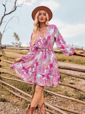 Chic V-Neck Belted Long Sleeve Dress