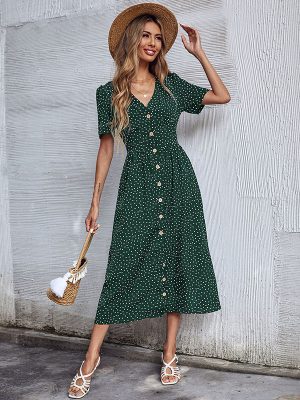 Polka Dot V-Neck Short Sleeve Shirt Dress for Summer