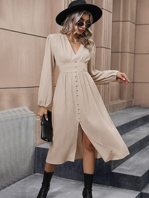 Long Sleeve Split Dress – Autumn Elegance