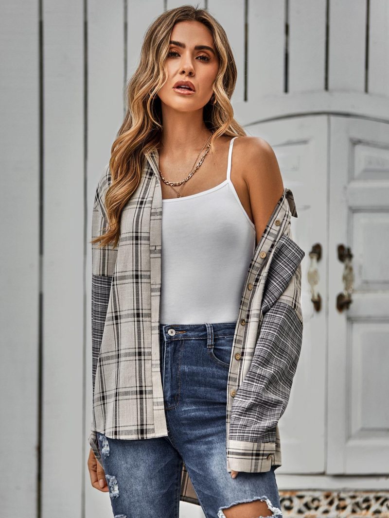 Plaid Stitching Shirt - Autumn Casual - Image 2