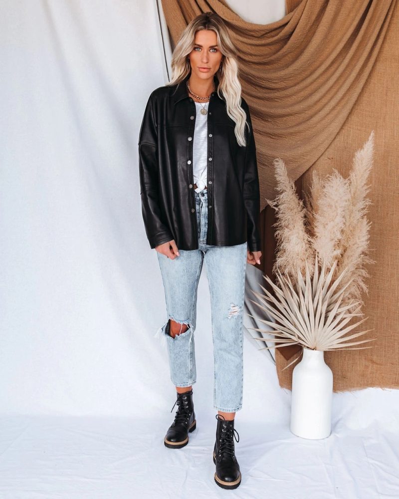 Street Collared Leather Coat - Autumn/Winter - Image 2
