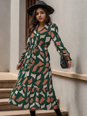 Autumn Printed V-Neck Dress – Midi Chic