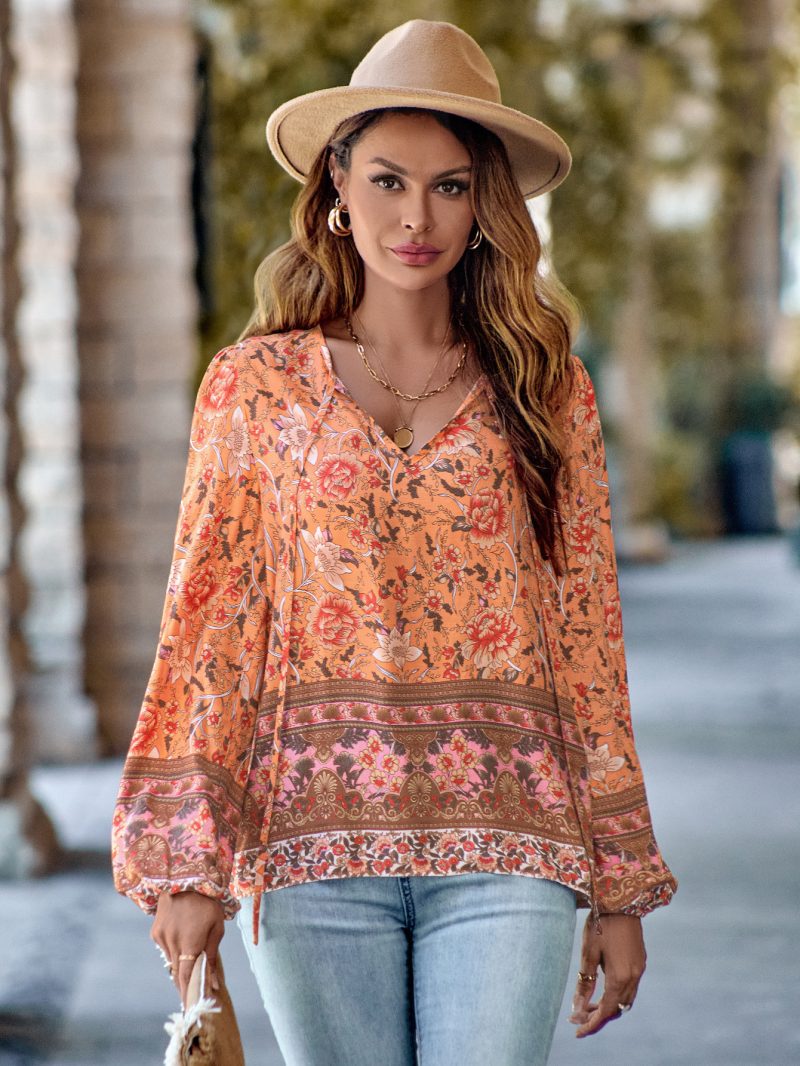 Printed V-Neck Loose Long Sleeve Top - Image 2