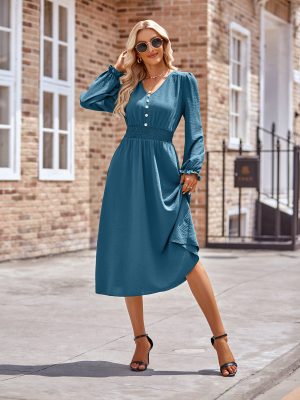 V-Neck Midi Dress for Women – Autumn/Winter