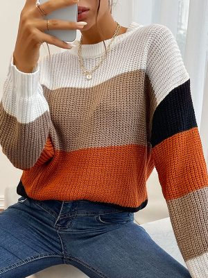 Color-Block Crew Neck Sweater – Women’s Autumn & Winter Fashion