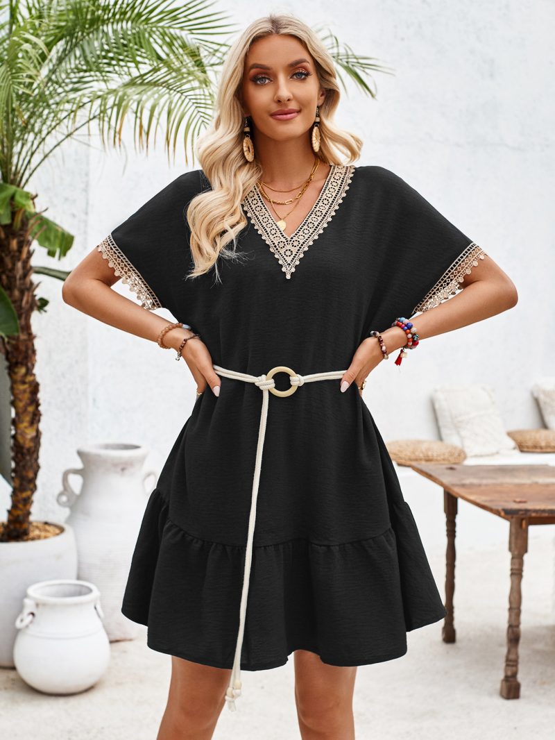 Fresh V-neck Lace Belt Dress - Summer - Image 2