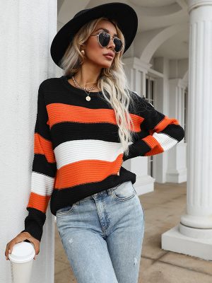 Trendy Thin Long Sleeve Loose Striped Sweater for Women’s Fashion