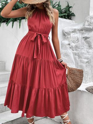 Halter Solid Color Mid-Length Dress – Summer Elegance