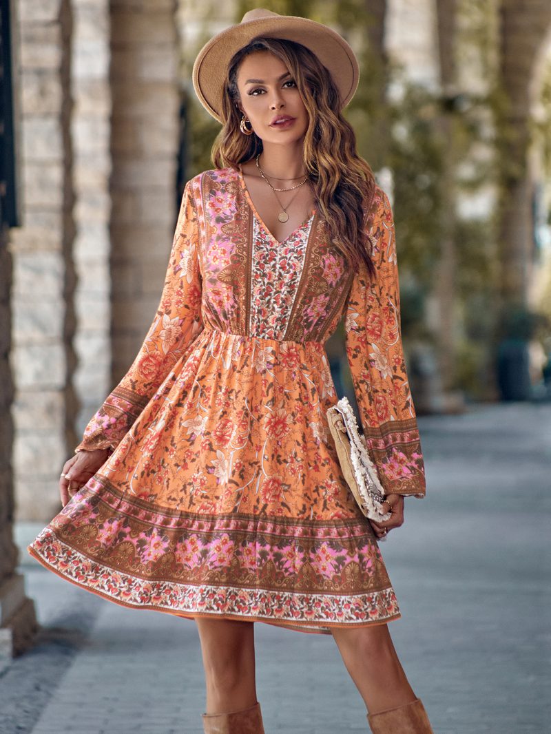 Printed V-Neck Waist-Controlled Long Sleeve Dress - Image 5