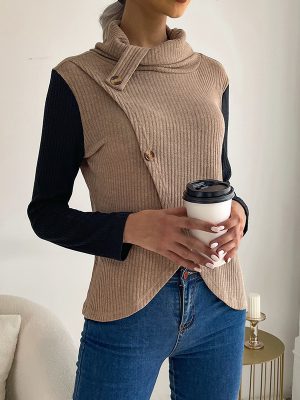 Early Autumn Solid Color Heap Collar Pullover Sweater for Casual Women Wear