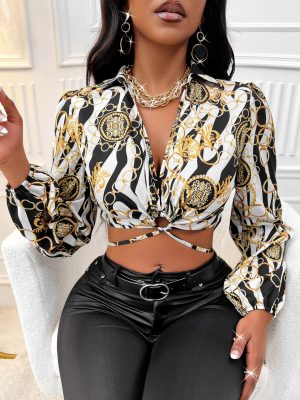 Printed Slim Fit Tied Long Sleeve Shirt – Sexy Trend