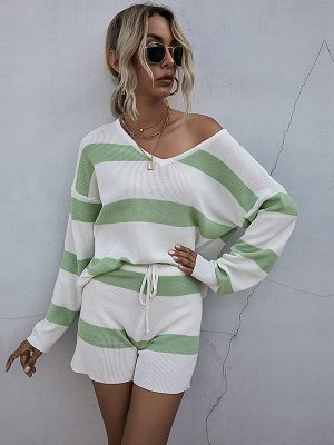 Striped Long Sleeve Shorts Suit – Casual Set